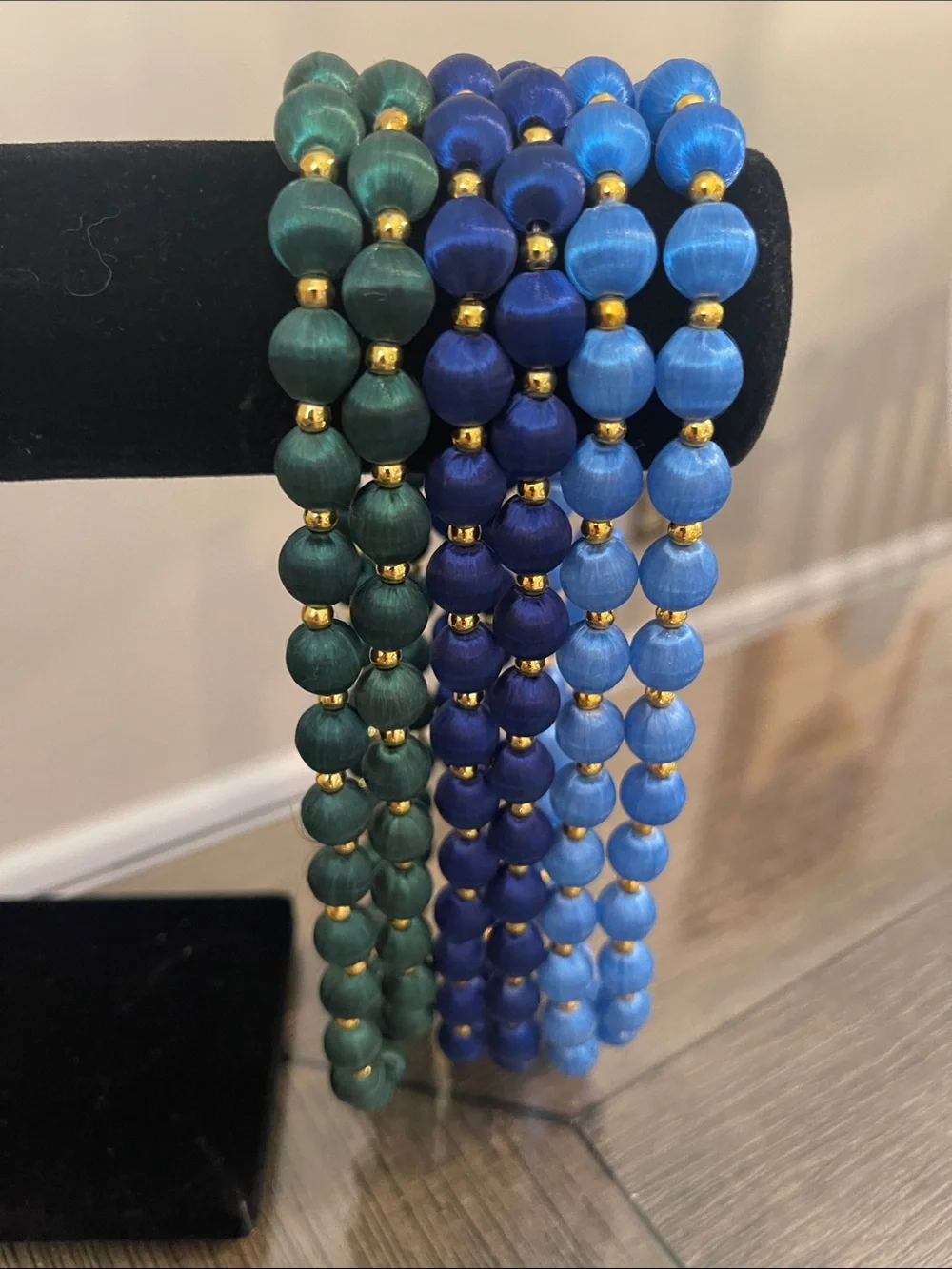 Vintage 3 Necklaces with Spun Silk Satin Beads Gold Tone Spacers 30 In. Approx